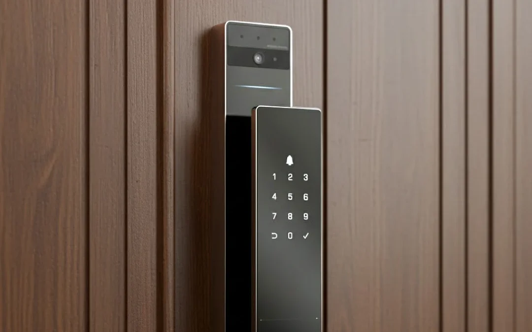 Cerradura inteligente con teclado numérico en una puerta de madera
